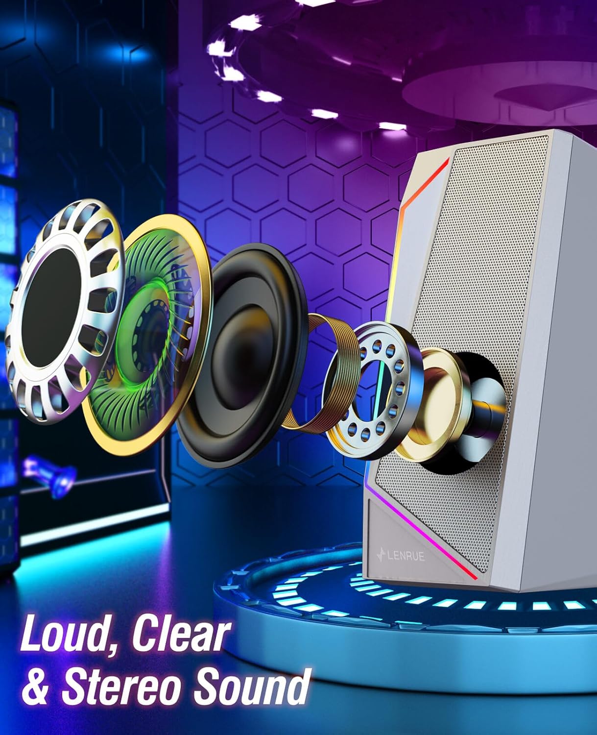 LENRUE Computer Speakers, USB/USB-C Powered PC Speakers with Loud Stereo Sound, Headphone-in for Desktop, Laptop, Monitor