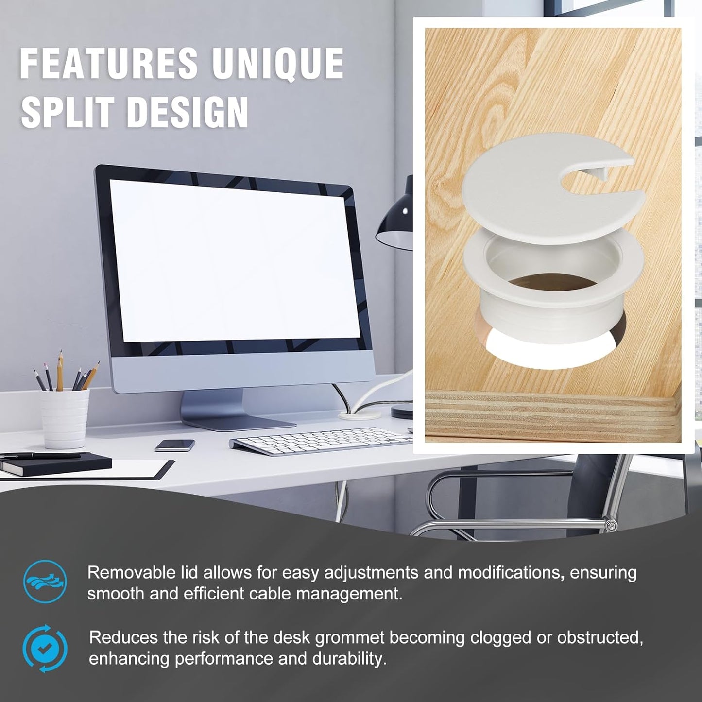 1-3/8" White Desk Grommet, JTemgle Plastic Cable Hole Cover Computer Table Cord Wire Organizer Caps Desktop Cord Management for Home Office TV Stands Tabletops, 2 Pieces