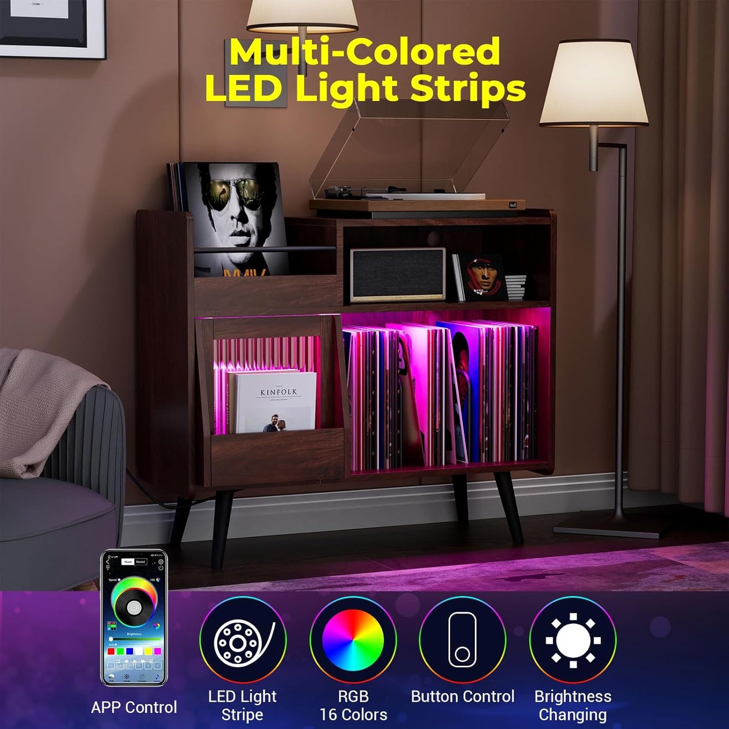 Large Record Player Stand with Sliding Door,350 Vinyl Record Storage Cabinet, Record Player Table with Power Outlet and LED Light,Turntable Stand with Wood Legs for Living Room,Office