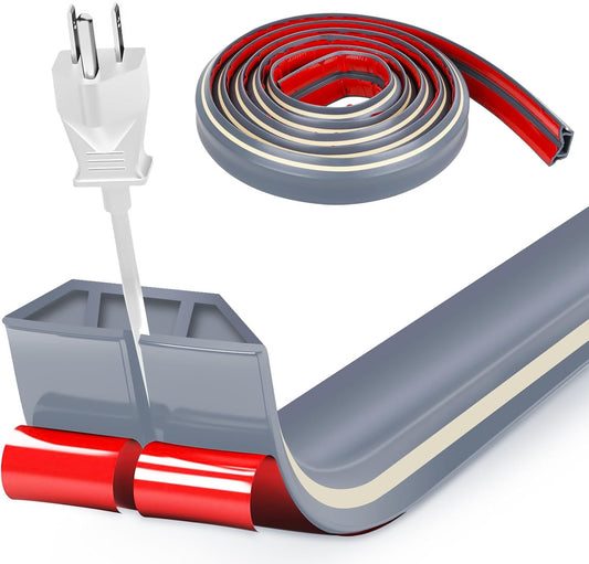 10ft Large Grey Floor Cord Cover, Self-2" (W) x 0.6"(H), Cable Cavity:0.8"(W) x 0.4"(H), Adhesive Power Cable Protector, Silicone Cord Protector, Cord Management, Cord Concealer and Cable Hider