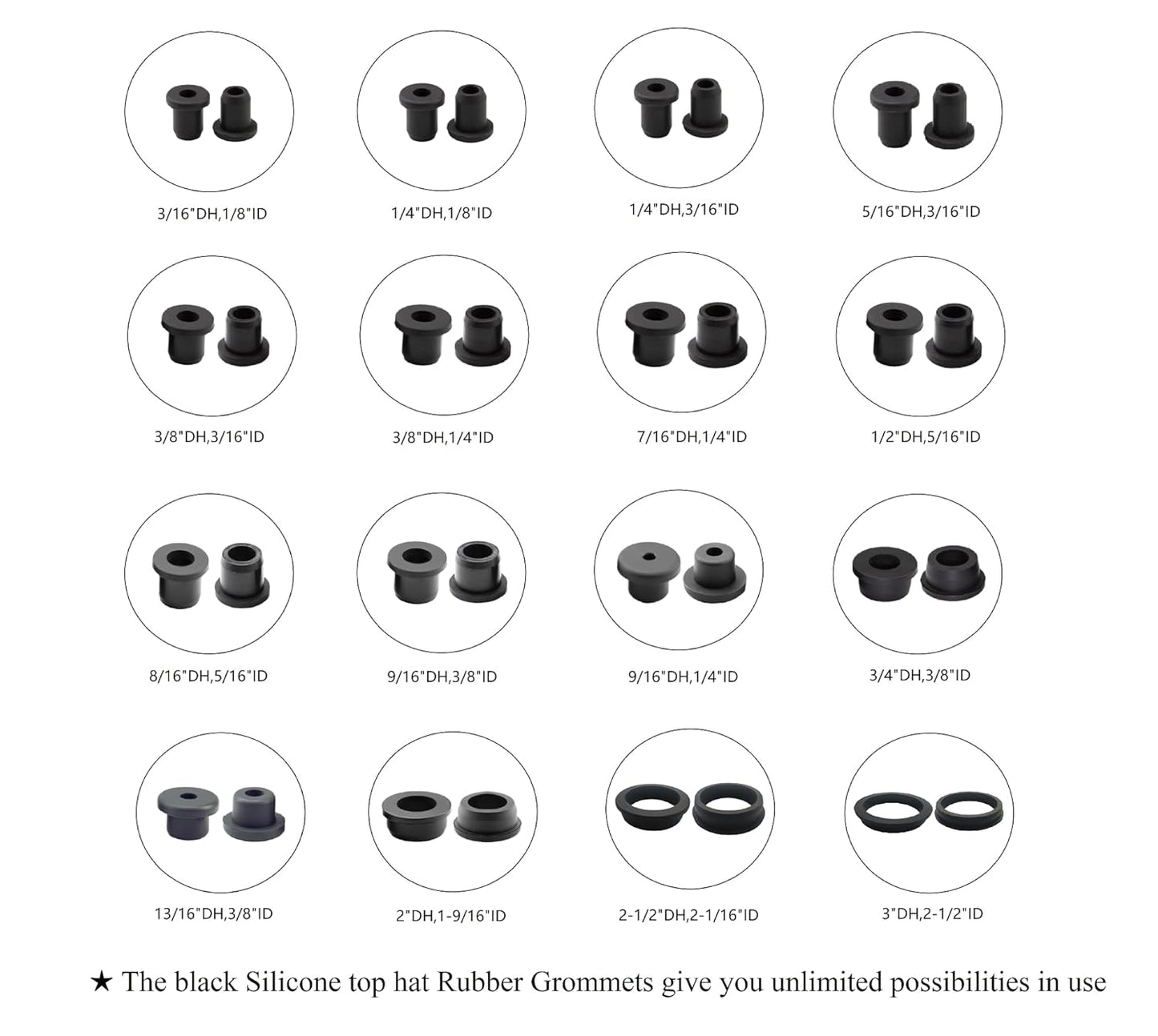 15 pcs 9/16" Drill Hole，1/4" ID Black Silicone Top hat Rubber Grommets for Wiring，Automotive，Firewall，Hole Plug，Desk，Screw，Water and Gas Pipe，Drain，House Siding，Cable Bushing，Glass，Wire Plug