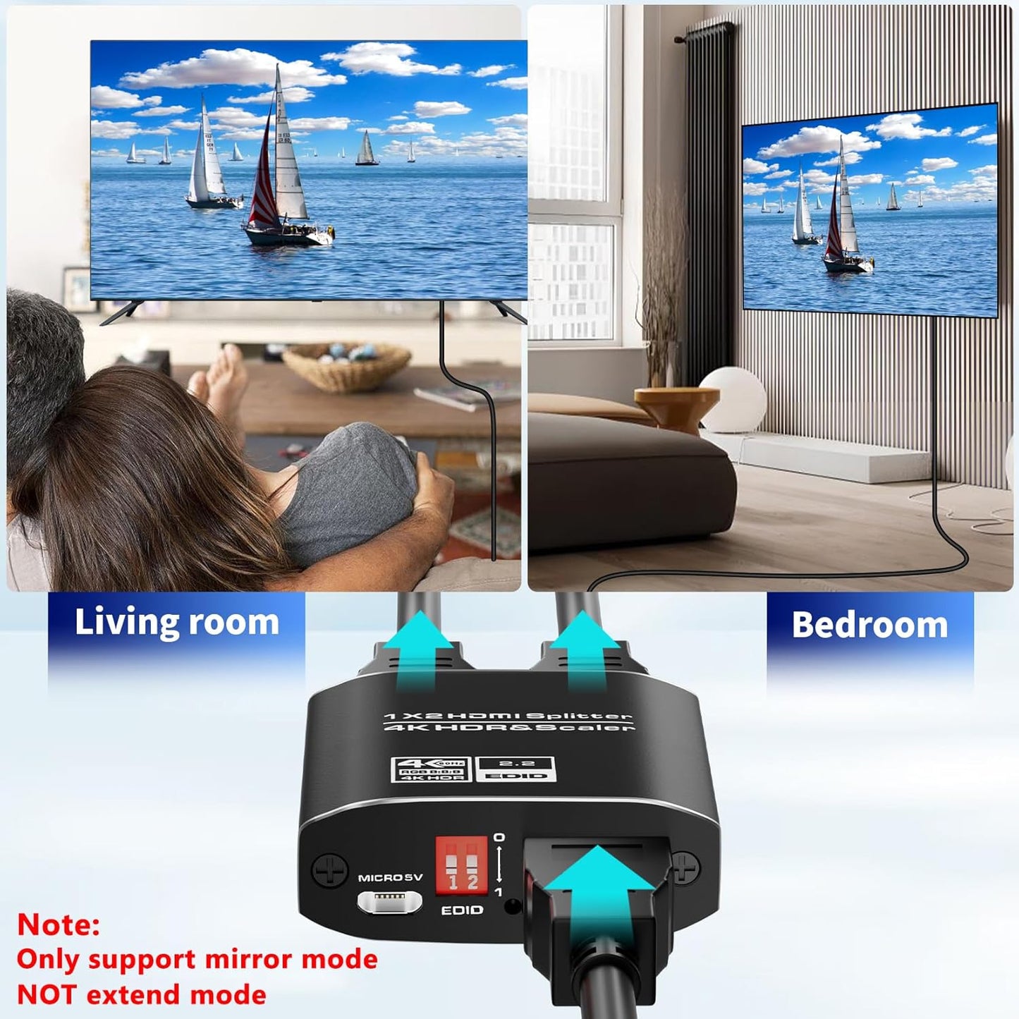 1x2 HDMI Splitter, HDR 4K@60Hz HDMI spliter 1 in 2 Out, Supports HDMI 2.0, HDCP 2.2, Mirror Screen Monitors Supports EDID Control for Xbox PS3/4/5 PC DVD Fire Stick Blu-Ray Player TV