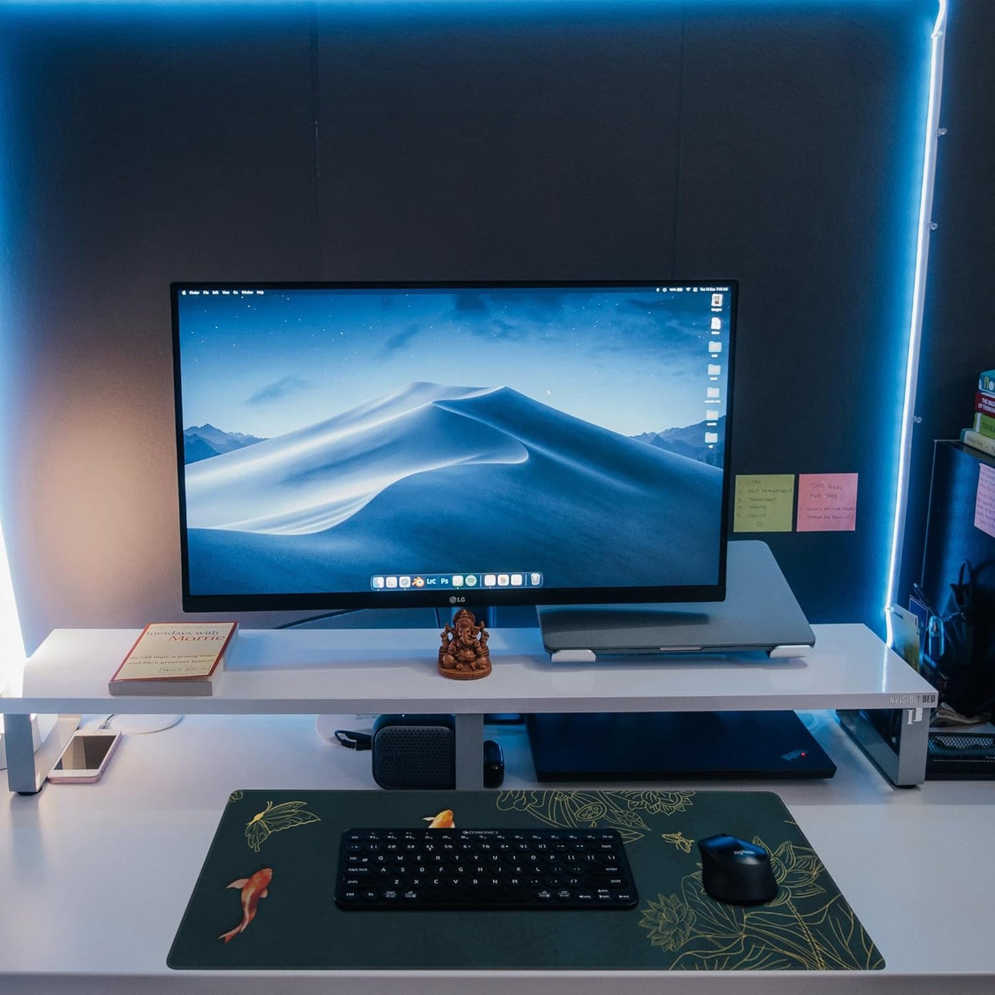 Large Gaming Mouse Pad, Koi Fish Ink Painting Desk Mat, Golden Line Lotus Desk Pad, Extended Big Computer Keyboard Mouse Pad with Non-Slip Base and Stitched Edge, 31.5"x11.8"