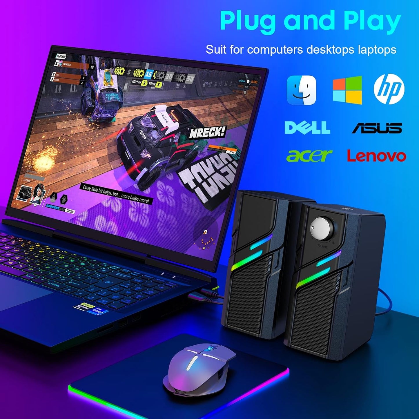 LENRUE Computer Speakers for Desktop PC with Easy Knob, Clear Powerful Sound, Touch Lights, Plug and Play for Computer Desktop PC, Monitors, Laptop (USB & AUX)