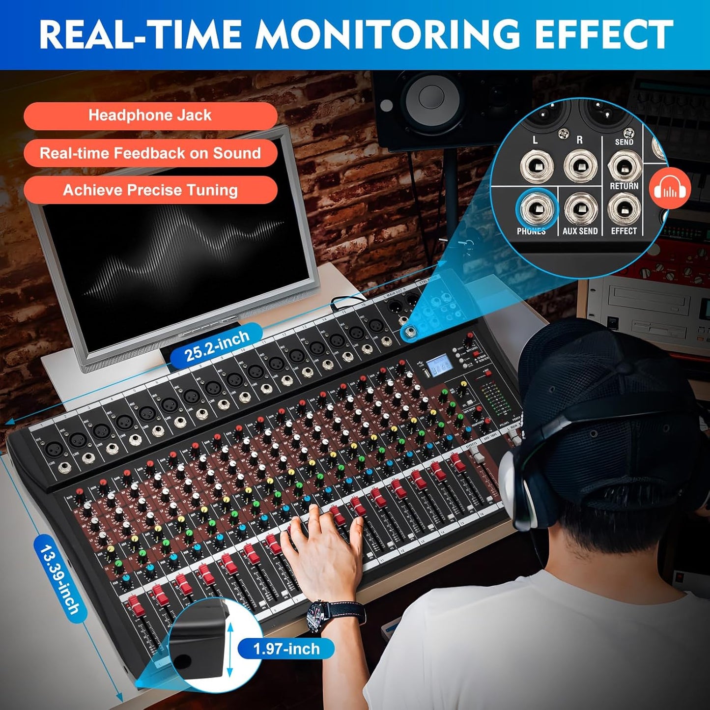 16 Channel Audio Mixer, Soundboard Mixing Console Sound Mixer DJ Sound Controller with USB & Bluetooth, Studio Audio Mixer for Professional and Beginners (16 Channel)