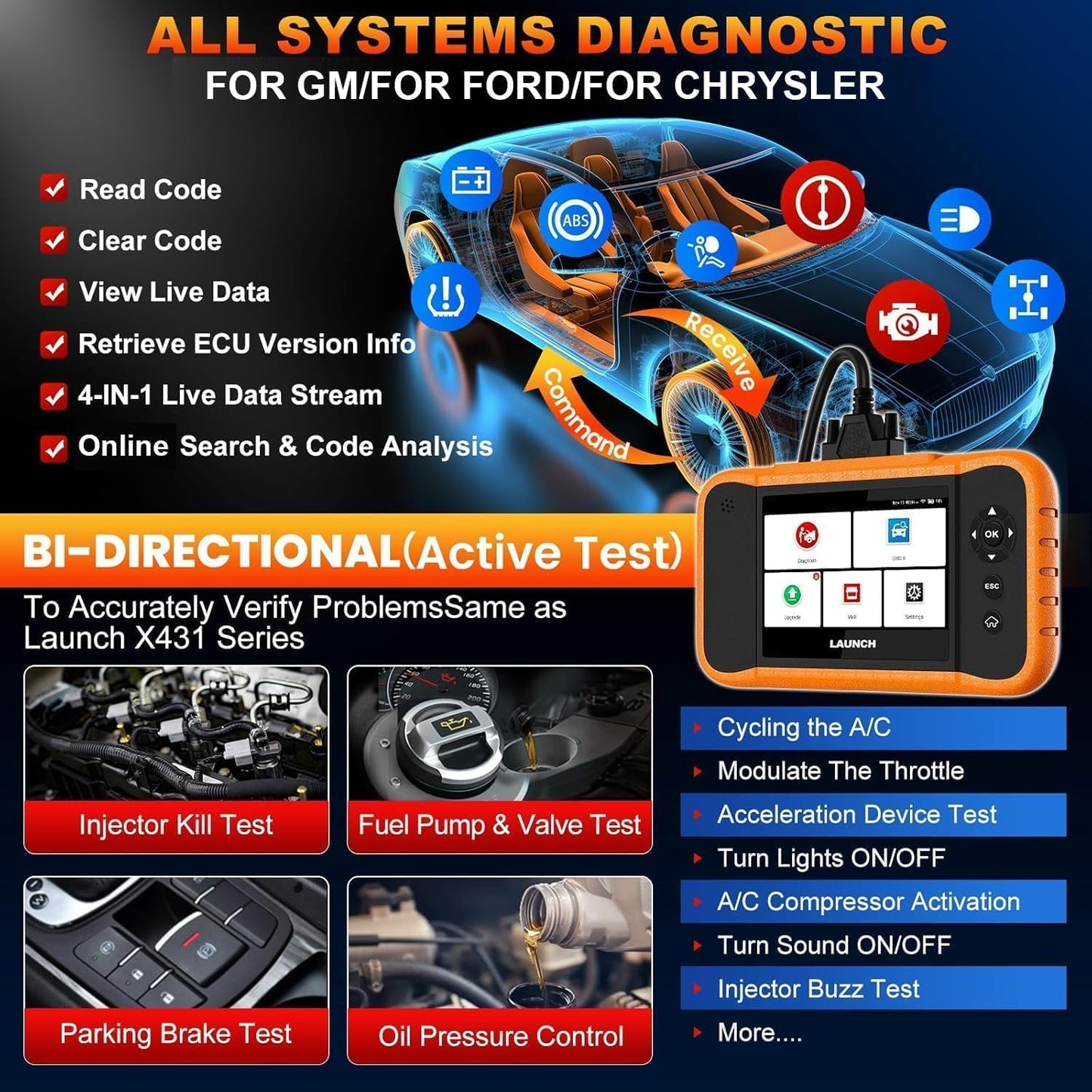 LAUNCH X431 Creader Elite 2.0 FGC OBD2 Scanner,ECU Coding, Bi-Directional Scan Tool for Ford, for GM, for Chrysler,100+ Reset, Full System Diagnose, FCA AUTOAUTH, AUTOVIN, Lifetime Free Update