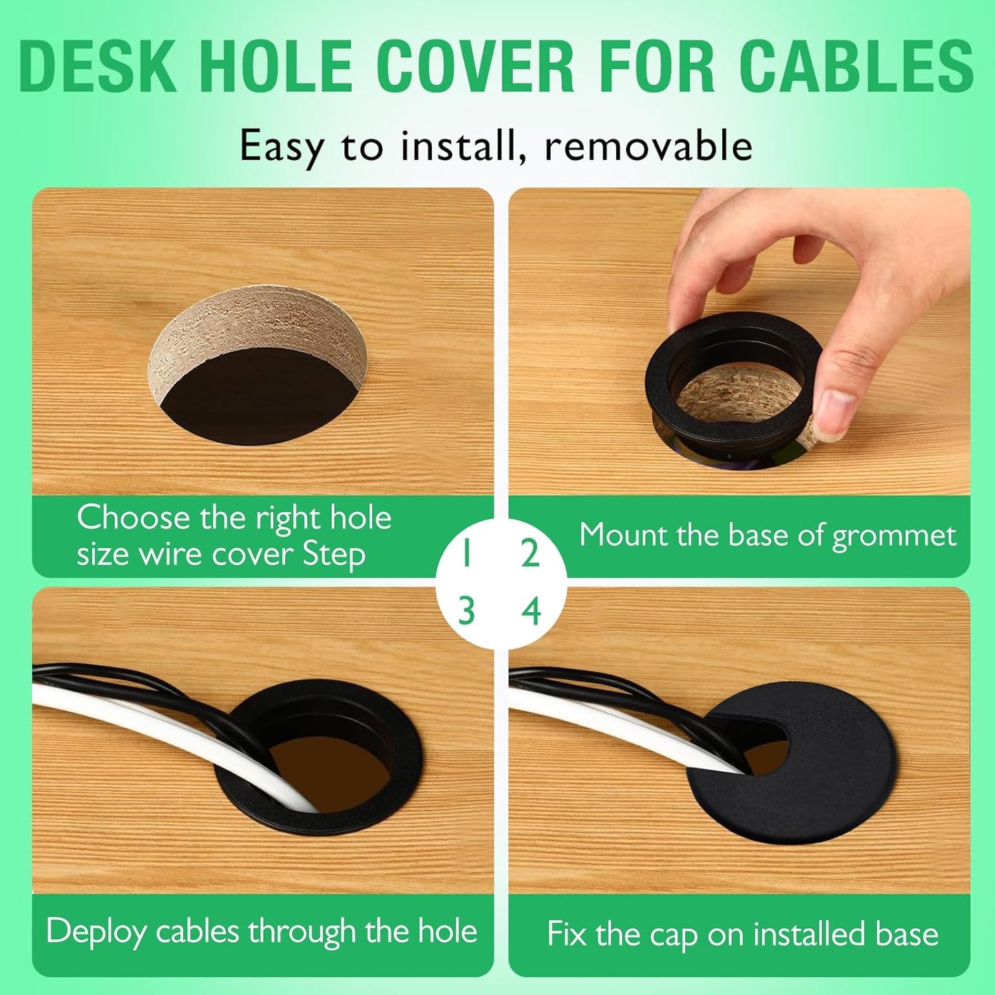 10 Pcs Desk Grommet 1-1/2" / 38 mm, Desk Cord Hole Cover, Cable Grommet ABS Plastic, Desk Hole Grommet for Home & Office Pc, Detachable Cable Cord Organizer-Black