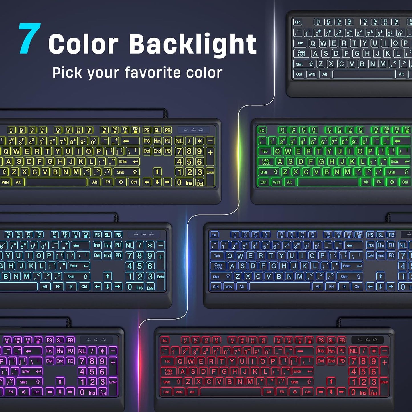 Large Print Keyboard - 7 Interchangeable Backlight Colors, Light Up USB Wired Computer Keyboards, USB Plug-and-Play, Foldable Stands, Corded Full Size Keyboard for Windows, PC, Laptop