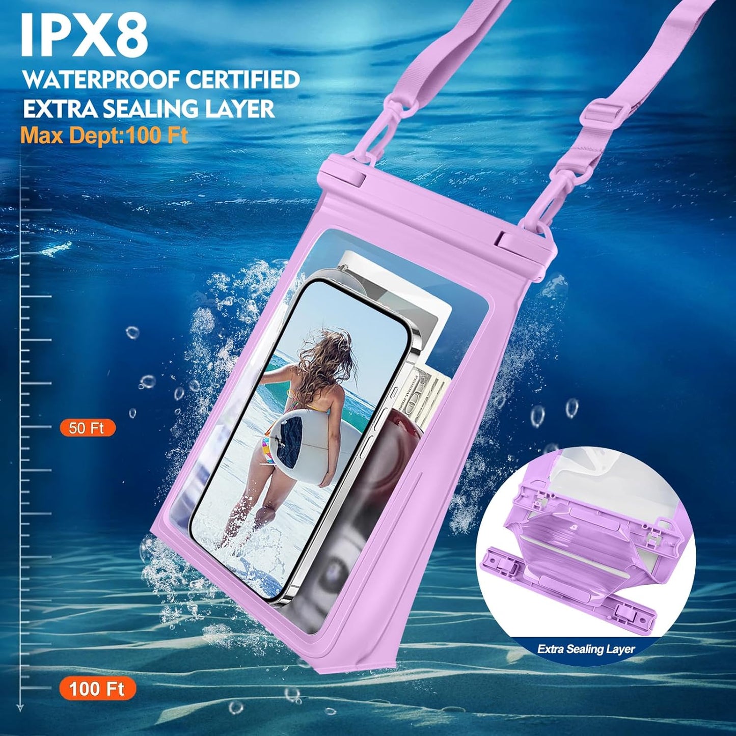 Large Floating Waterproof Phone Pouch, Cell Phone Dry Bag for iPhone 16 15 14 13 Pro Max Galaxy Google All Phones, IPX8 Waterproof Bag for Beach Vacation Purple