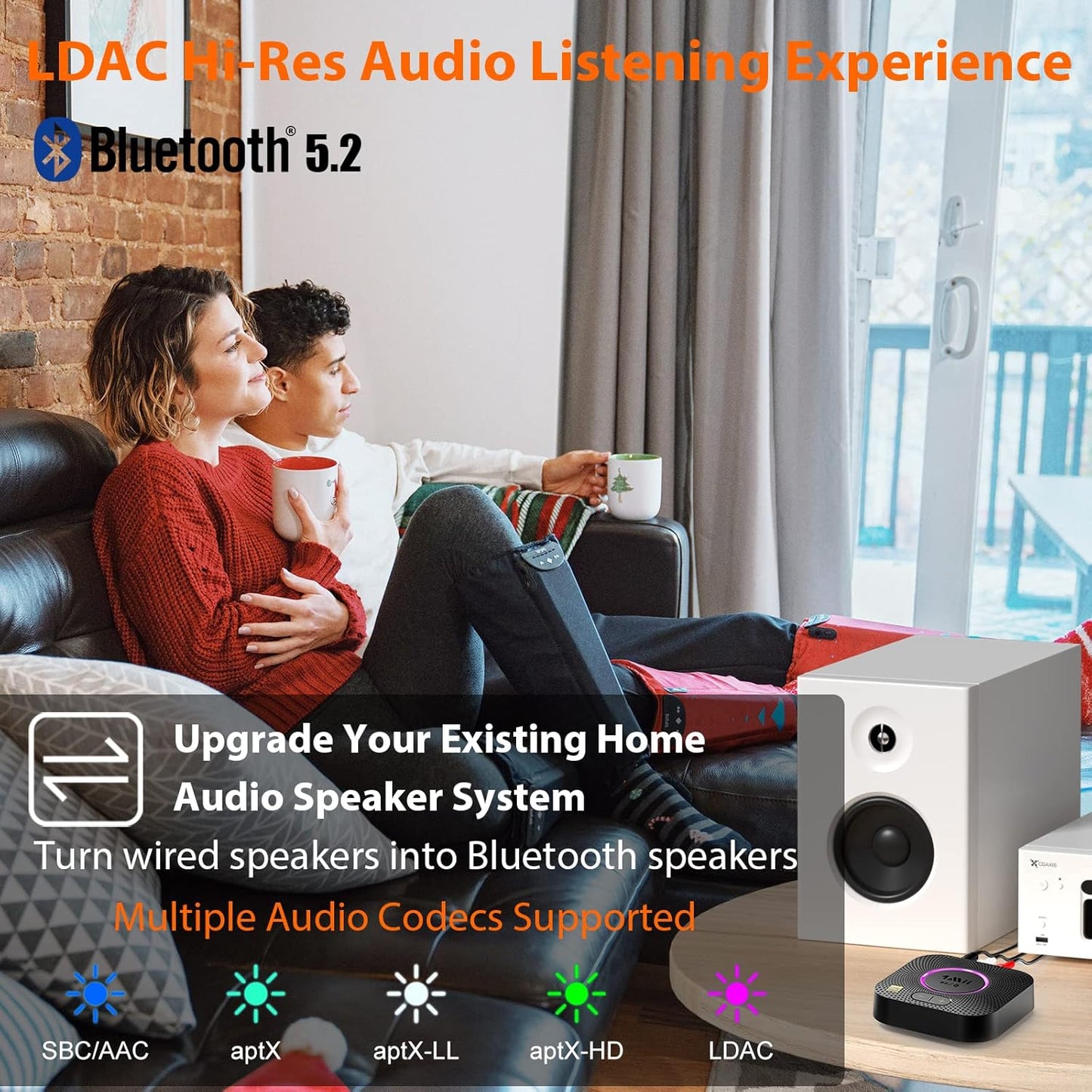 1Mii B06S+ LDAC Bluetooth 5.2 Receiver for Home Stereo Hi-Res Music Streaming, Hi-Fi Wireless Audio Adapter w/aptX HD Low Latency, Long Range Bluetooth Audio Receiver Volume Control, RCA/3.5mm Outputs