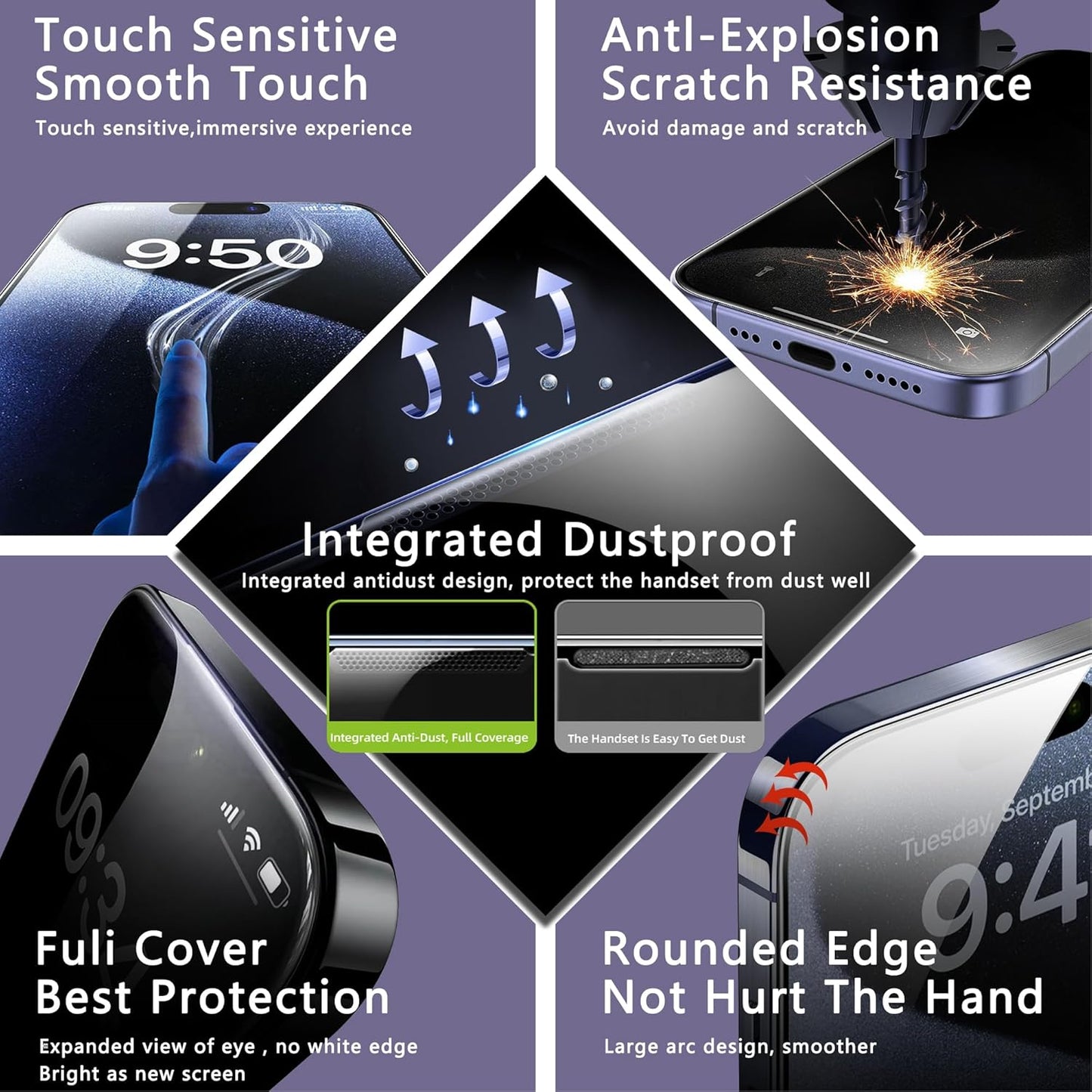 2 Pack Anti Blue Light Matte Screen Protector for iPhone 16 Pro Max, 9H Tempered Glass, Full Coverage, Anti-Fingerprint, Auto Dust-Elimination, No Bubble, Easy Installation