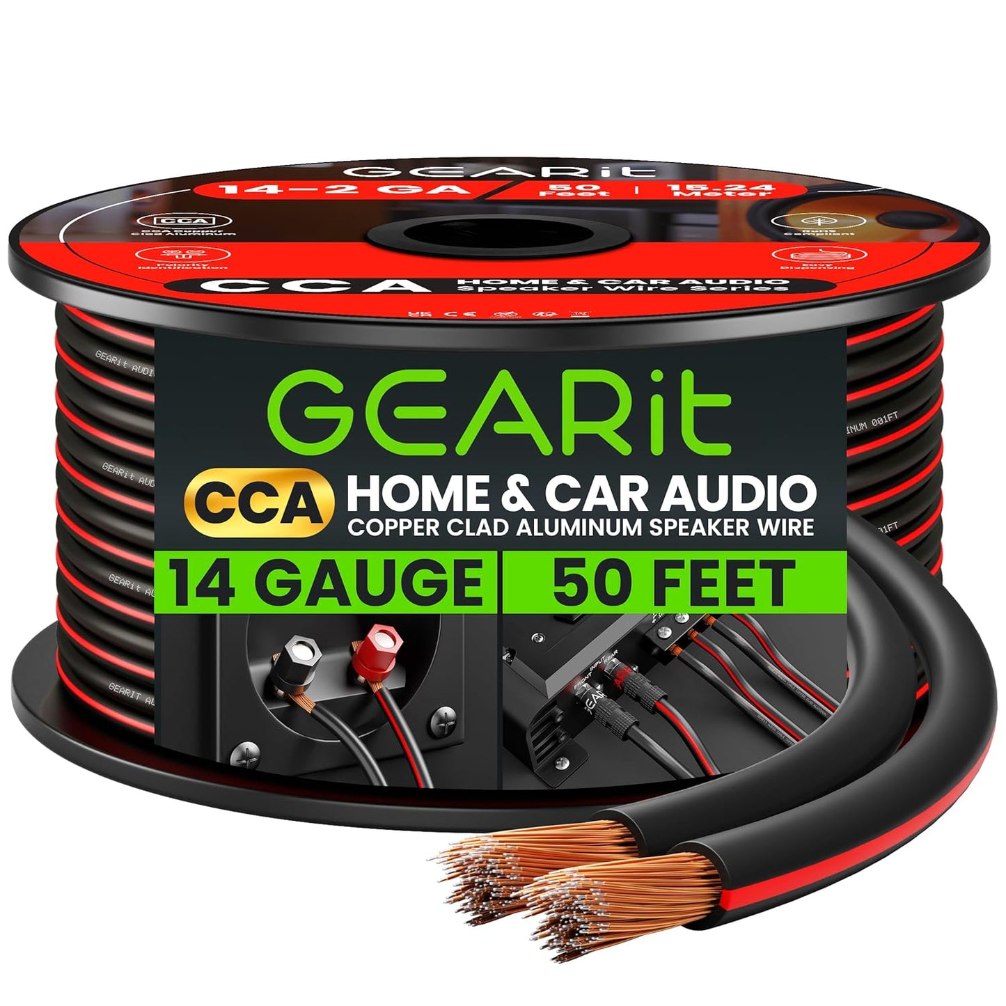 14AWG Speaker Wire, GearIT Pro Series 14 AWG Gauge Speaker Wire Cable (50 Feet / 15.24 Meters) Great Use for Home Theater Speakers and Car Speakers Black
