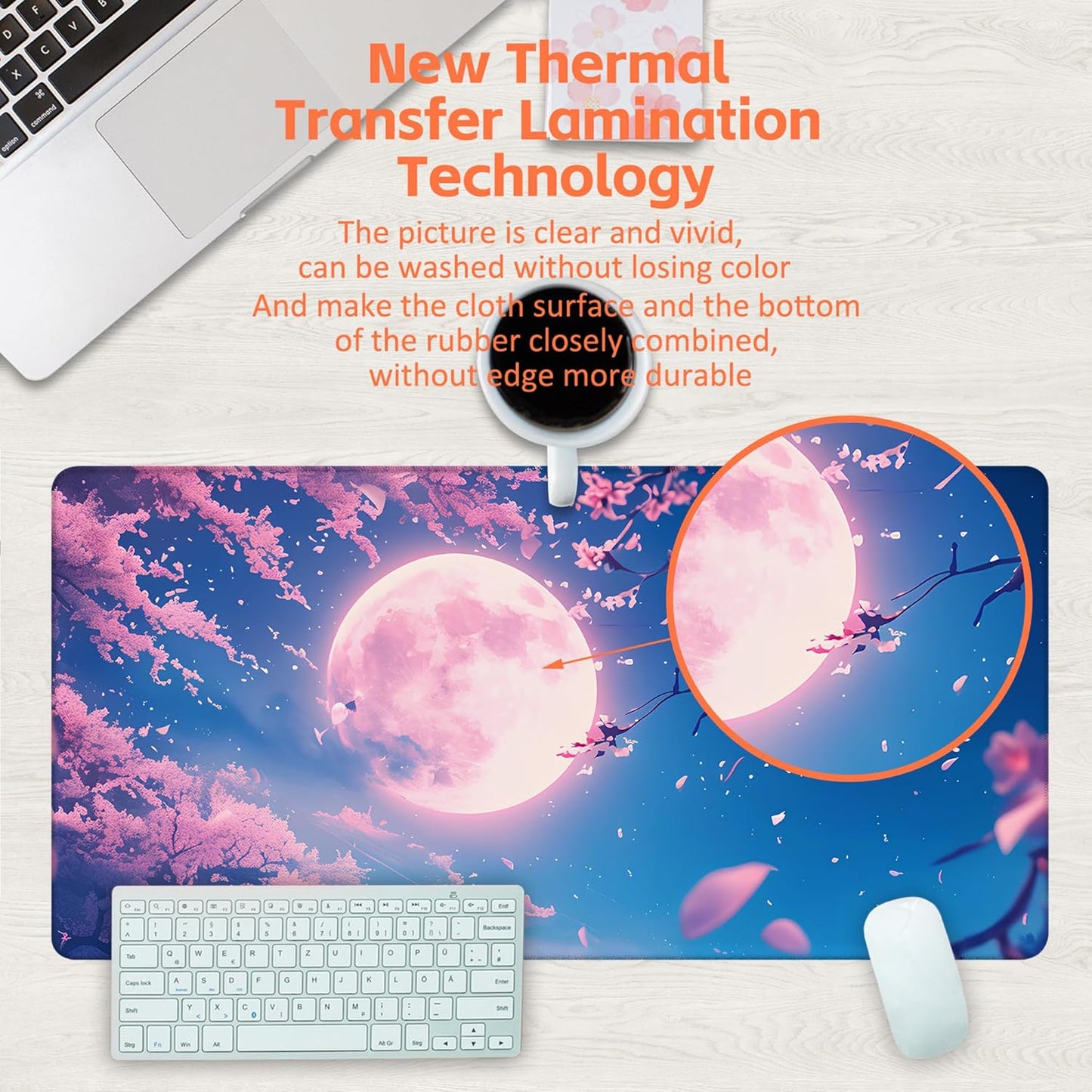 Large Gaming Mouse Pad for Desk, Falling Cherry Blossoms Desk Mat, Bright Full Moon Desk Pad, 31.5"x15.7" Extended Big Computer Keyboard Mouse Pad with Non-Slip Base and Stitched Edge