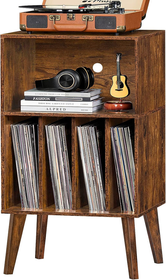 Lerliuo Record Player Stand, Brown Turntable Stand Holds up to 160 Albums, Mid-Century Vinyl Storage Cabinet Table with Solid Wood Legs, Record Player Holder Dispaly Shelf for Bedroom Living Room
