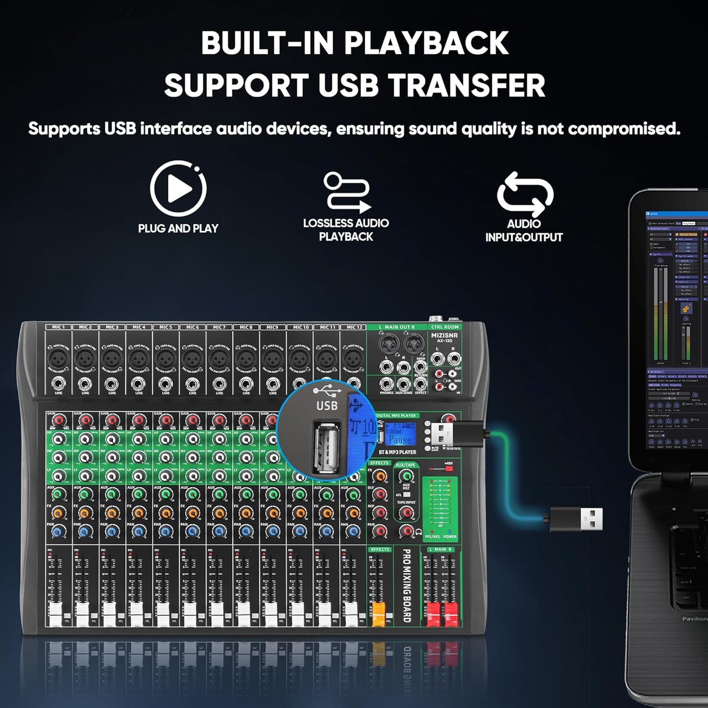 12 Channel Audio Mixer, Professional DJ Mixer Board Sound Music Mixing Console Digital Mixer with Reverb, Bluetooth, USB Port, 48V Phantom Power for Recording Karaoke Podcasting