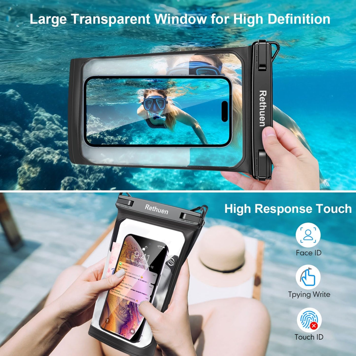 Large Waterproof Phone Pouch, 2Pack Floating Waterproof Bag for iPhone 16 15 14 13 12 Pro Max Galaxy S24 S23 S22 All Phones, Cell Phone Dry Bag for Beach Swimming Rafting Boating (Black + Black)