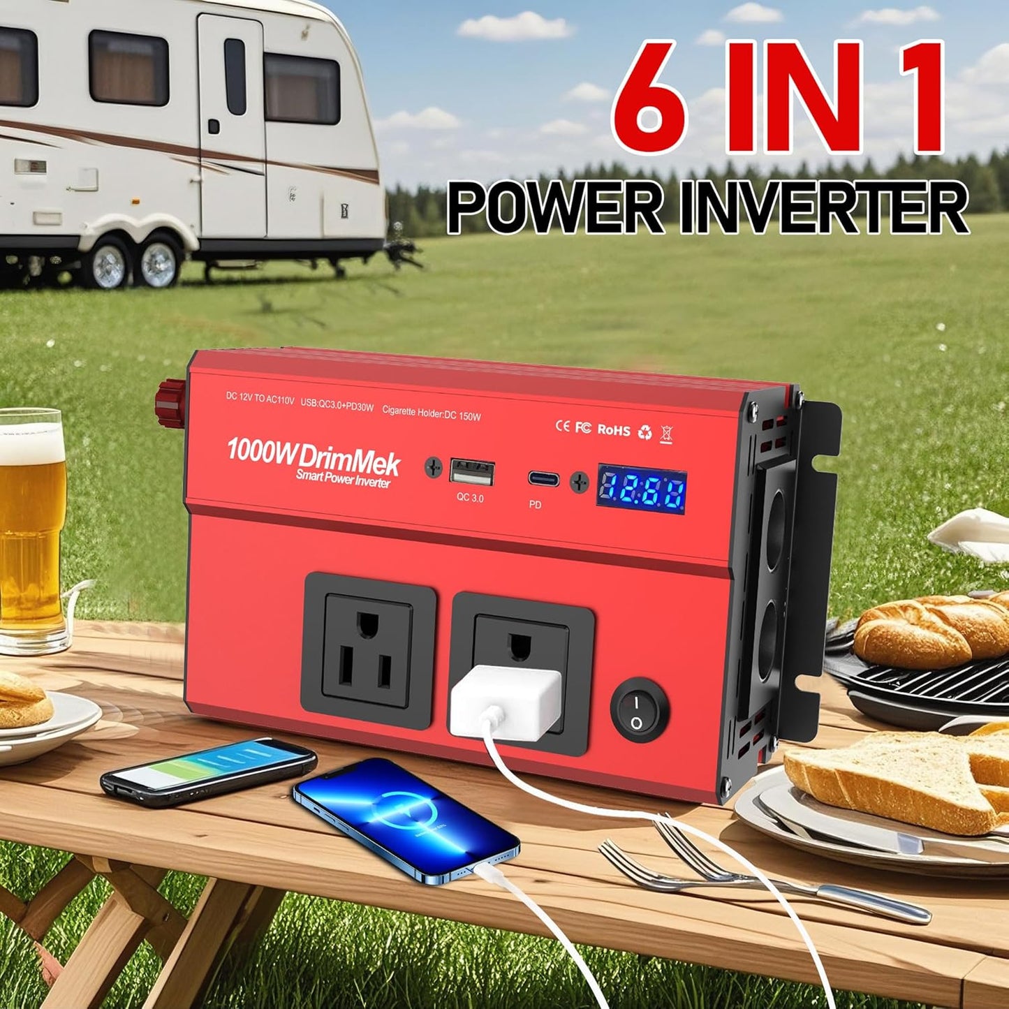 1000 Watt Power Inverters 12v to 110v for Vehicles - with Dual AC Outlets, 1000w Inverter with 3.0A USB and Type-C, 12v Inverter car Cigarette Lighter Battery for/Truck/RV/Emergency