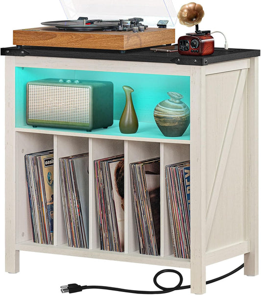 Large Record Player Stand with Charging Station & LED Lights, Vinyl Records Storage Holder Cabinet Holds up to 230 Albums, Turntable Stand for Music Room, Bedroom, Living Room, Office (White)