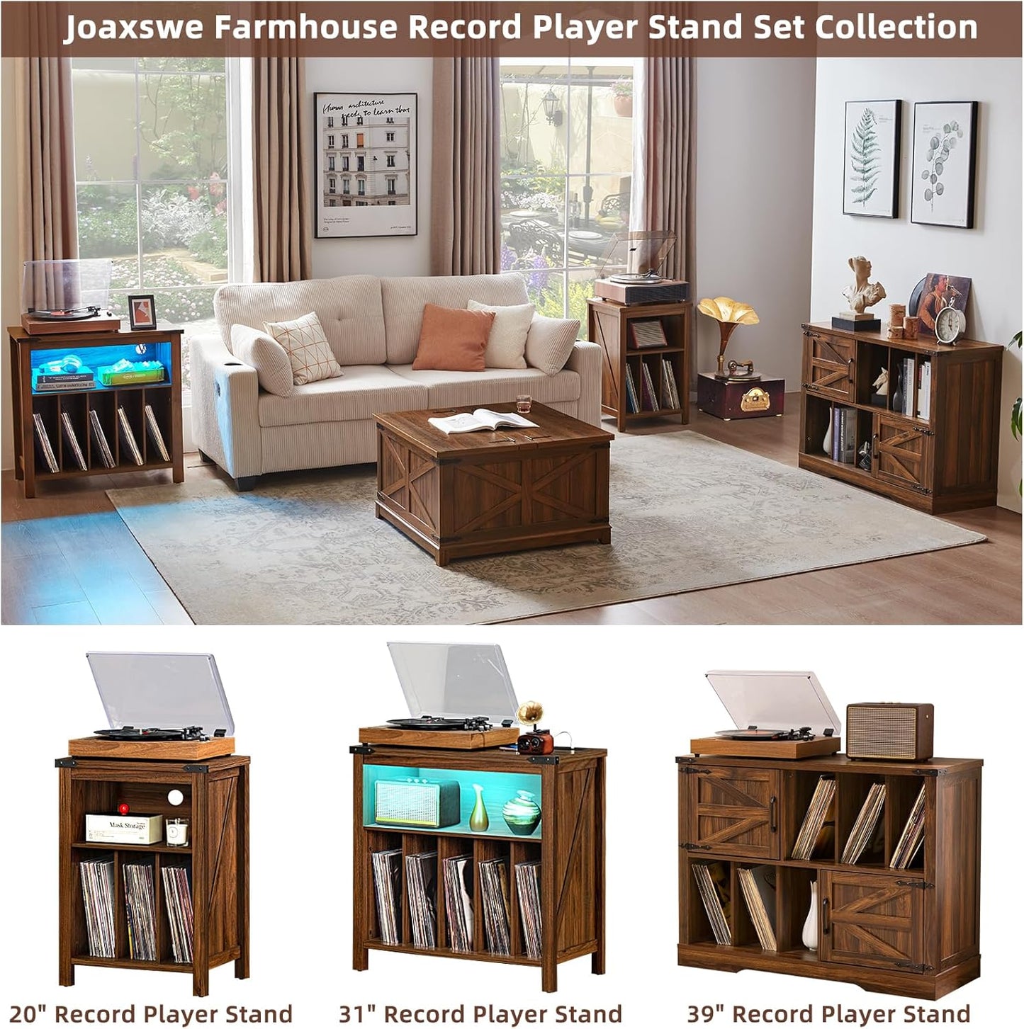 Large Record Player Stand with Vinyl Storage Up to 450 Albums, 39 Inch Farmhouse Brown Walnut Storage Cabinet with Barn Doors, Wood Vintage Mid-Century Turntable Stand for Bedroom, Living Room