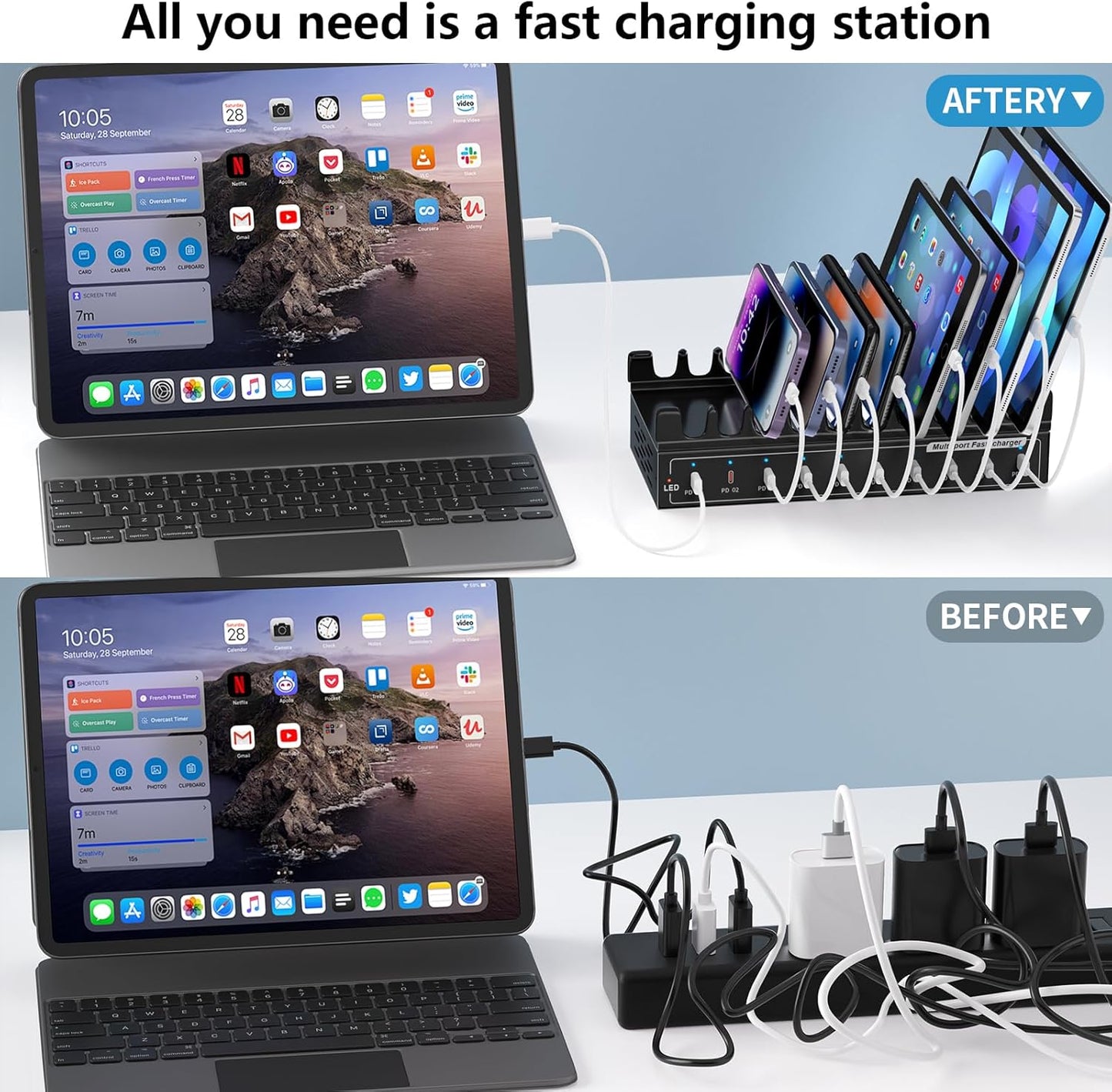 Lcoco&Dream 200W Fast Charging Station, 10 Port USB C Desktop Charger (10USB C PD3.0) - 45W Max for Laptop, MacBook, Phone, Tablet - Compact Multi Port Travel Charging Station