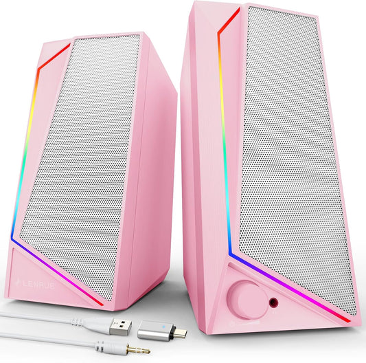 LENRUE Computer Speakers, USB/USB-C Powered PC Speakers with Loud Stereo Sound, Headphone-in for Desktop, iMac, MacBook, Laptop, Monitor (USB-C to USB Adapter Included) (Pink)