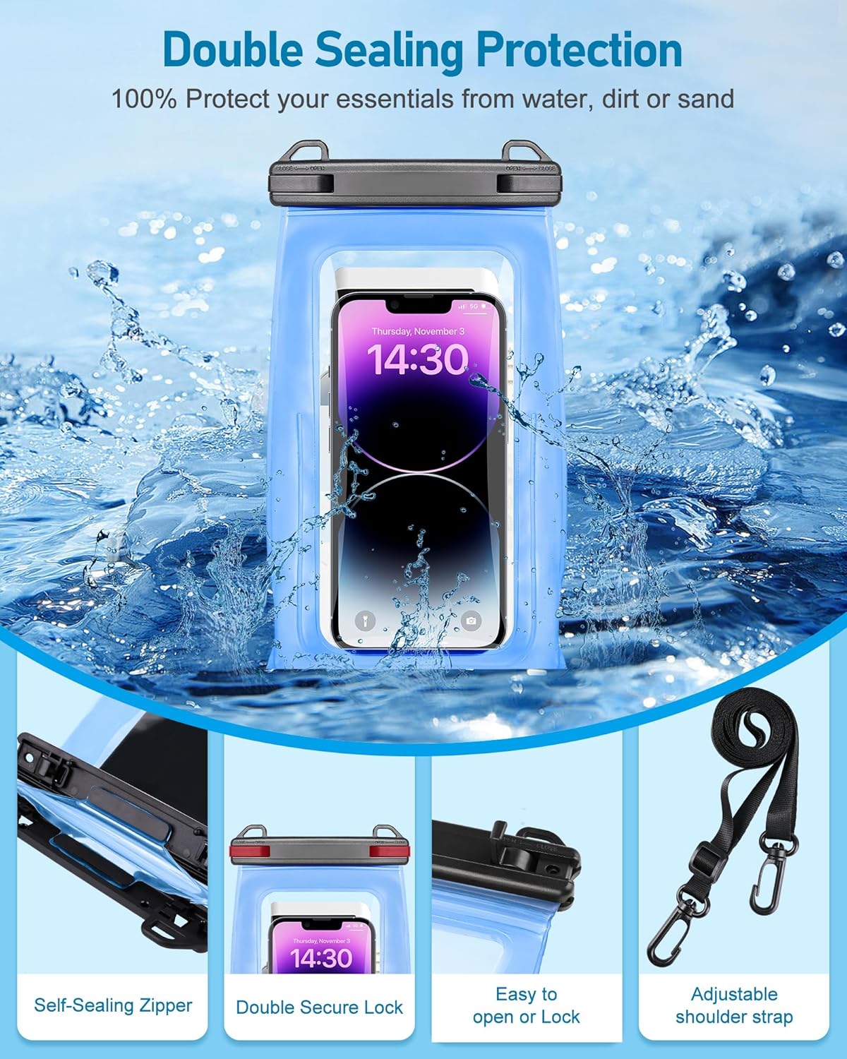 Large Waterproof Phone Pouch Universal Phone Waterproof Case for iPhone 15 14 13 12 11 Pro Max Galaxy S22 S21 IPX8 Water Proof Dry Bag with Wide Lanyard Waterproof Pouch for Swimming Rafting