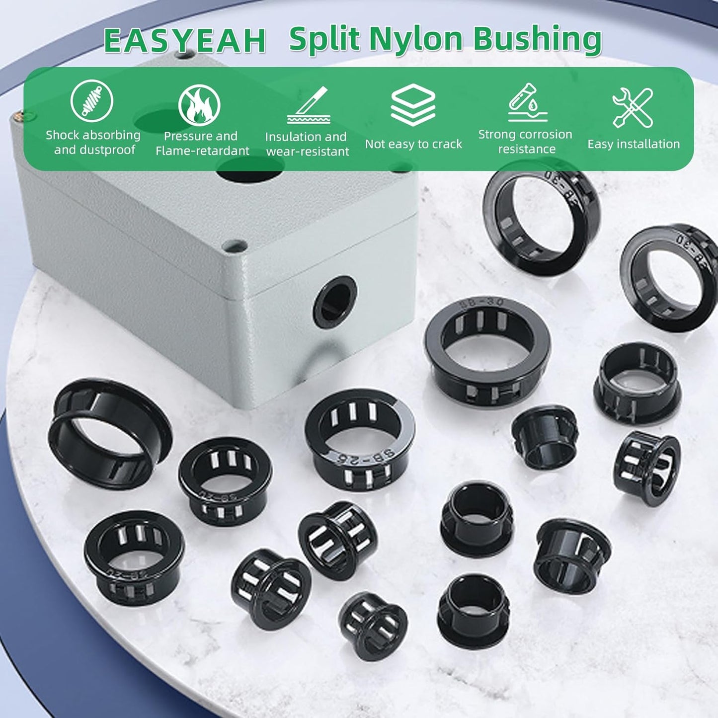 1 Inch (25mm) Black Snap-in Knockout Insulating Bushing Grommets, Plastic Cable Hole Grommets for Wiring, Round Nylon Snap in Locking Electrical Wire Cord Hose & Tubing Protector, 20pcs