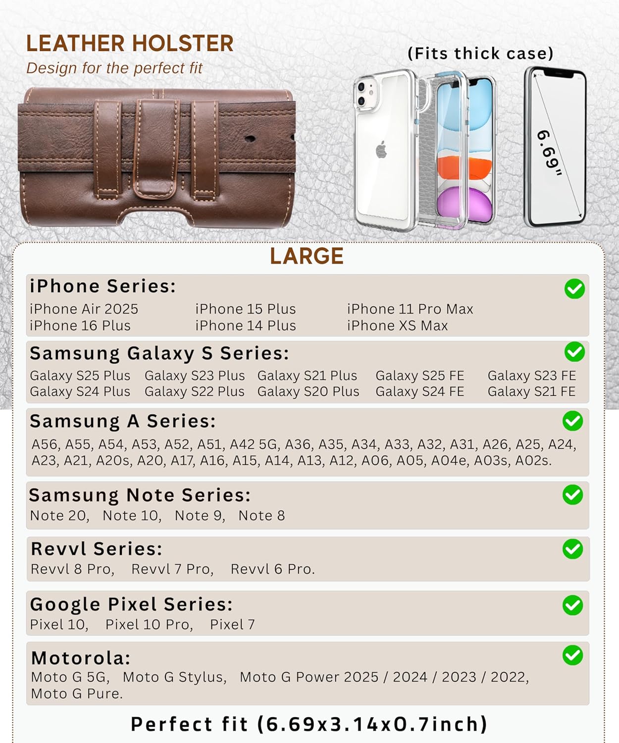 Leather Phone Holster for Men & Women, Horizontal Cell Phone Case -Fits iPhone Air 2025, 16/15/14 Plus/11 Pro Max, XS Max, Belt Clip/Loop Carrying Phone Pouch Holder, Brown Large.