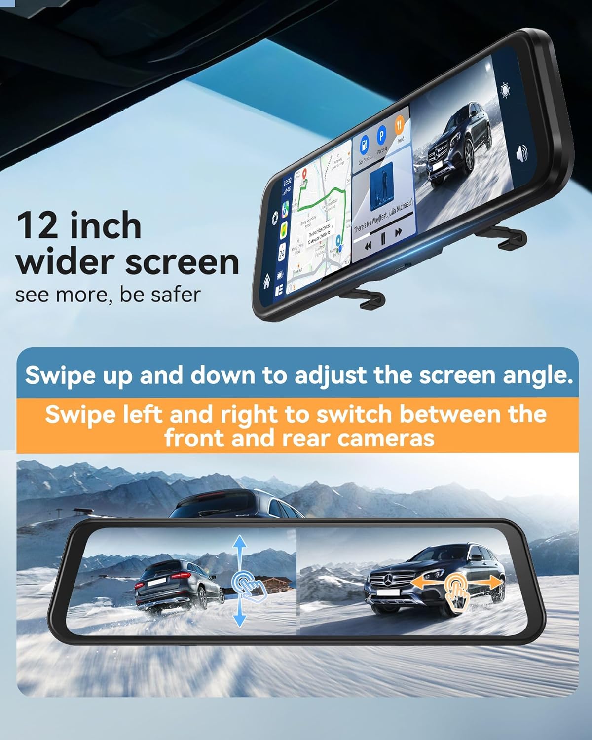 12'' Rearview Mirror Camera with CarPlay&Andorid Auto,4K Mirror Dash Cam Front and Rear Backup Camera with Reverse Assist/Loop Record/G Sensor/Voice Control&Split Touch Screen,64GB Card Included