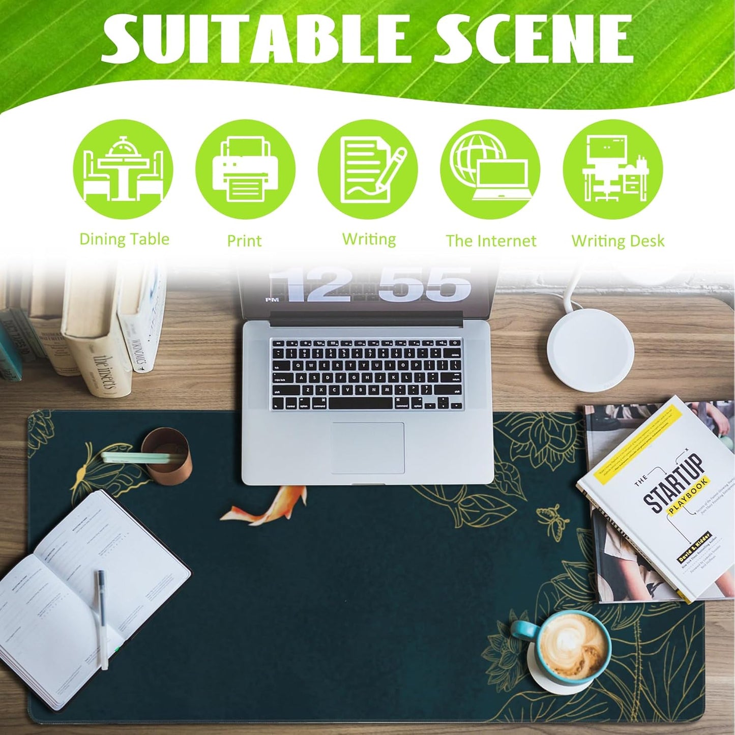 Large Gaming Mouse Pad, Koi Fish Ink Painting Desk Mat, Golden Line Lotus Desk Pad, Extended Big Computer Keyboard Mouse Pad with Non-Slip Base and Stitched Edge, 35.4"x15.7"