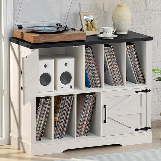 Large Record Player Stand with Vinyl Storage Up to 450 Albums, 39 Inch Farmhouse Rustic Wood White Storage Cabinet with Barn Doors, Vintage Mid-Century Turntable Stand for Bedroom, Living Room