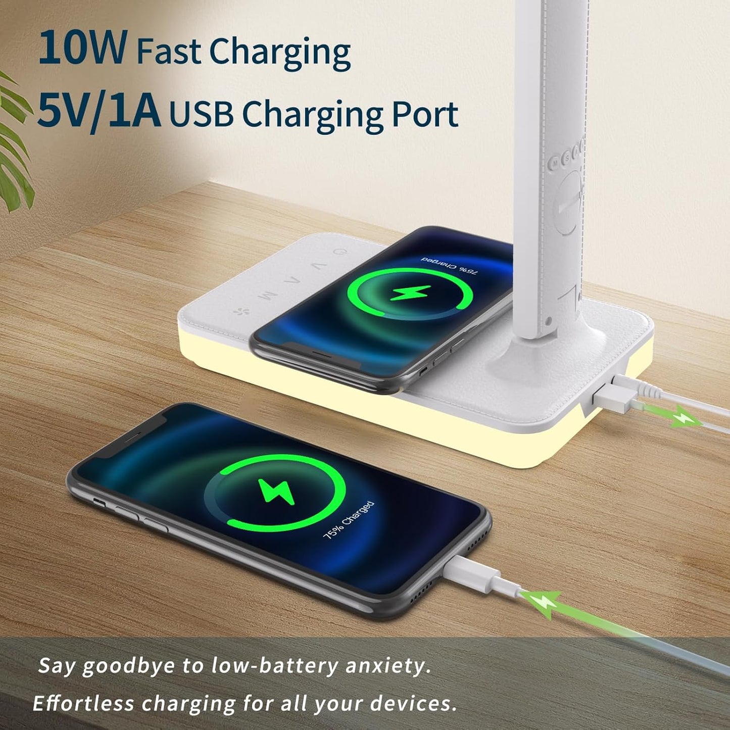 LED Desk Lamp for Home Office, USB Charging Port, Reading Lamp Desk Light with 5 Brightness, 3 Colors, Table Lamp with Clock, Alarm, Date, Temperature, Desk Lamp for College Dorm Room (White)