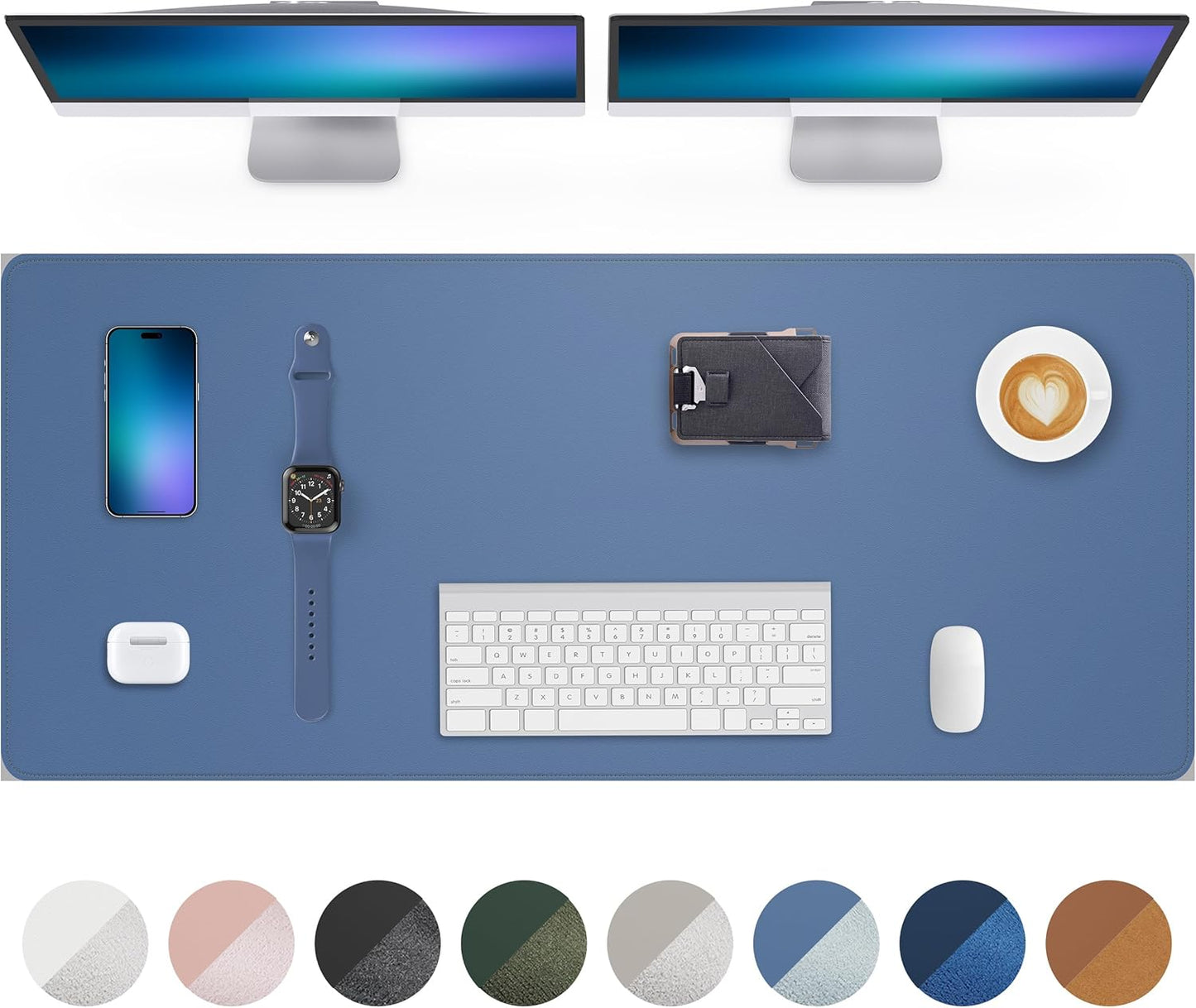 Leather Desk Pad Protector- 48" x 17" Office Desk Mat, Non-Slip PU Leather Mouse Pad, Waterproof Desk Blotter Mat, Desk Cover for Office and Home (Grey Blue)