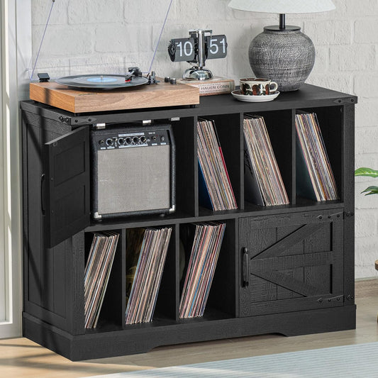 Large Record Player Stand with Vinyl Storage Up to 450 Albums, 39 Inch Farmhouse Wood Black Vinyl Records Storage Cabinet with Barn Doors, Mid-Century Modern Turntable Stand for Living Room