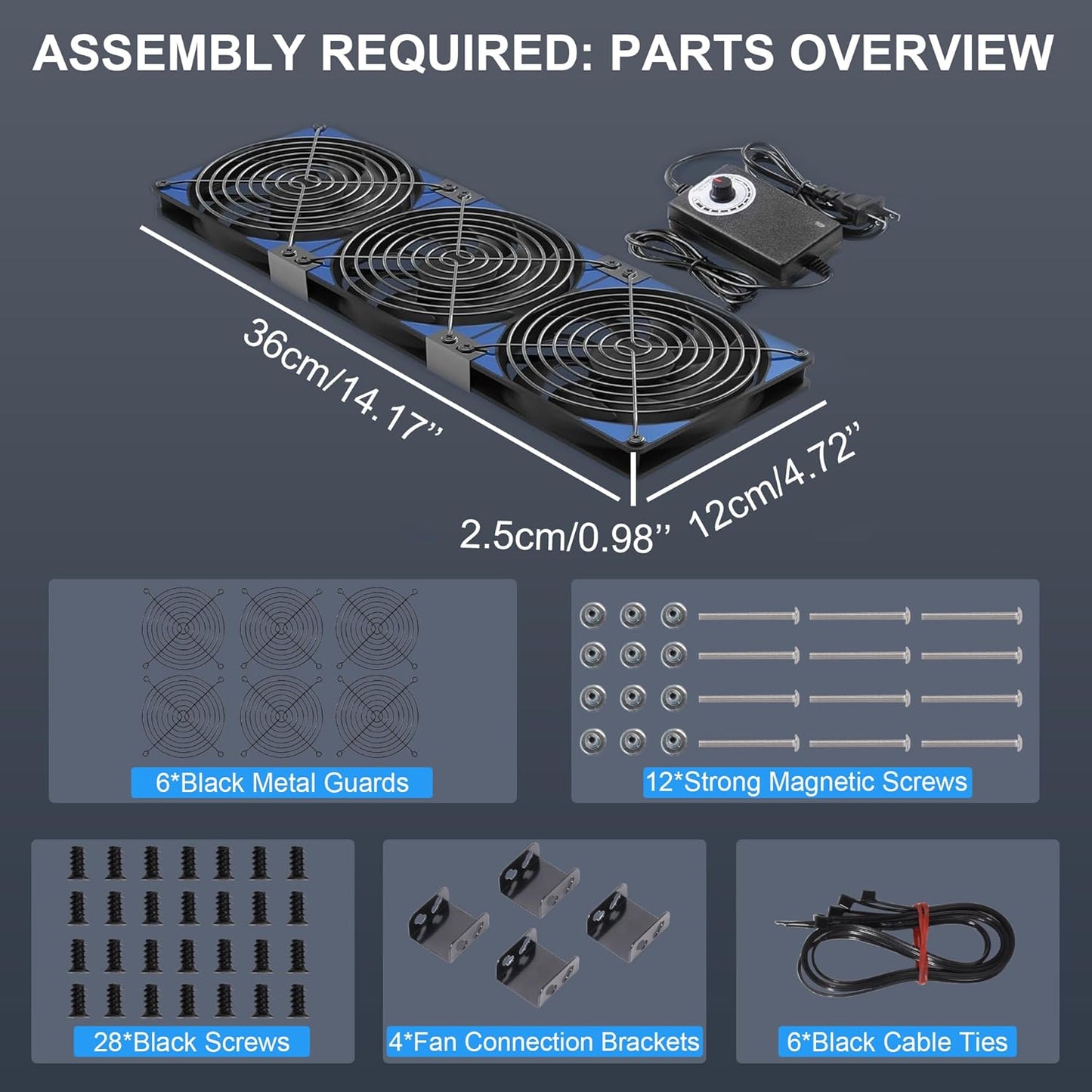 120mmx3 360mm Adjustable Computer PC Vent Fans 3-12V Speed Controller for Chicken Coop Rack Space Window Wall Cabinet Server Mining Rig Exhaust Cooling