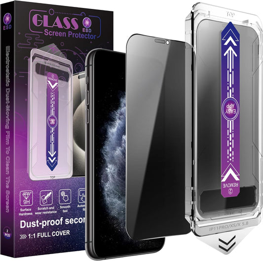 2 Pack Privacy Screen Protector for iPhone X/iPhone XS/iPhone 11 Pro, 9H Tempered Glass, Full Coverage, Anti-Fingerprint, Auto Dust-Elimination, No Bubble, Easy Installation