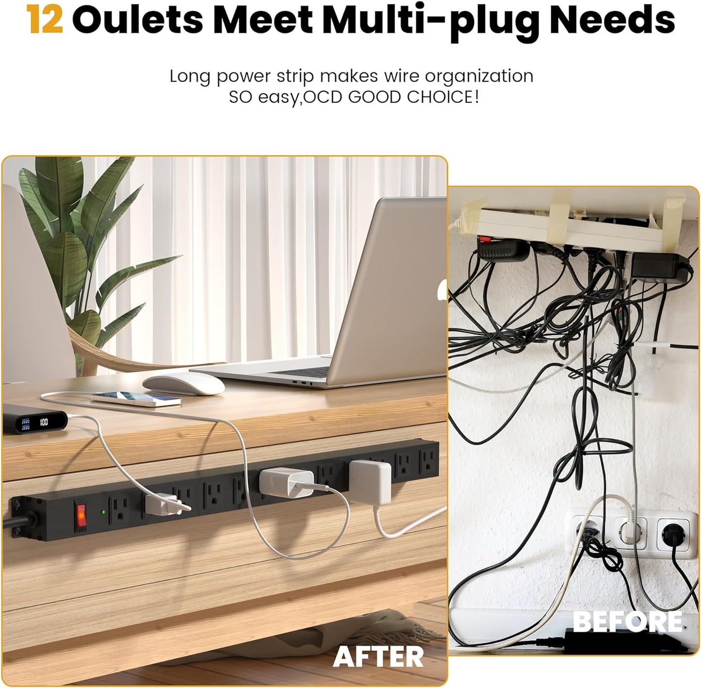 12 Outlet Long Power Strip Surge Protector with 2100 Joules, 6FT Power Cord, Wide Spaced Outlet Power Bar, Overload Protection Switch, Industrial Heavy Duty for Work Bench, Shop, Garage (Black),2 Pack