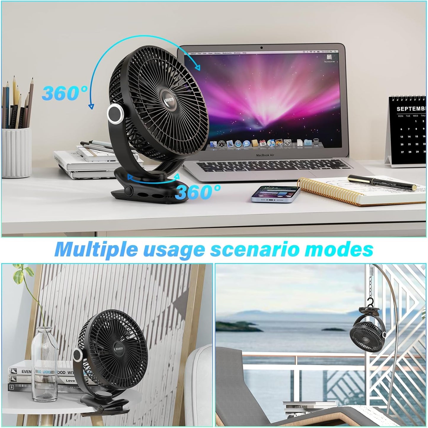 12000mAh Clip on Fan 30H Longest Runtime, 8in Portable Fan Rechargeable, Ultra Quiet with Heavy-Duty Clamp, USB Desk Fans for Golf Cart,Office Desk, Treadmill, Camping, Bedroom