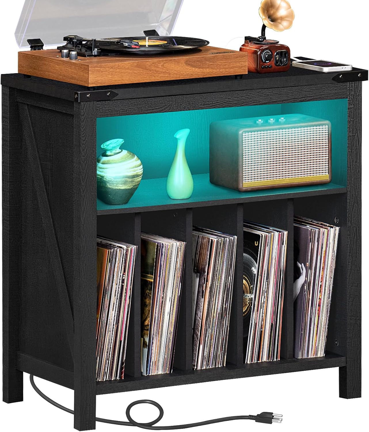 Large Record Player Stand with Charging Station & LED Lights, Vinyl Records Storage Holder Cabinet Holds up to 230 Albums, Turntable Stand for Music Room, Bedroom, Living Room, Office (Black)