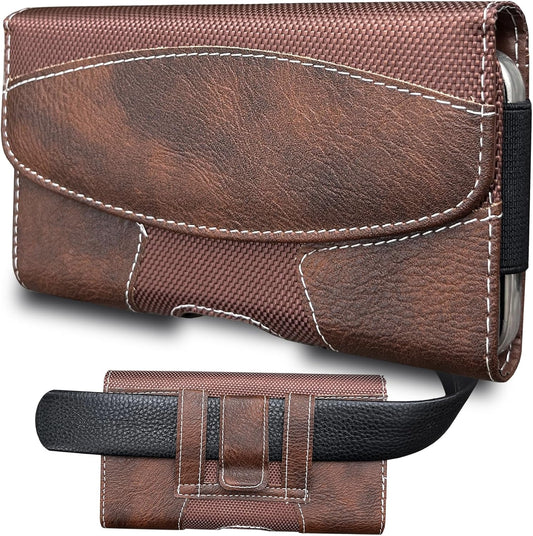 Leather Phone Holster for Men with Belt Clip, Cell Phone Holder for iPhone 17/16/15/14/13/12/Pro Max & Plus,Galaxy S25/24/23 Ultra & Plus,S24 FE,Belt Pouch Case Magnetic Closure (Brown-XL)