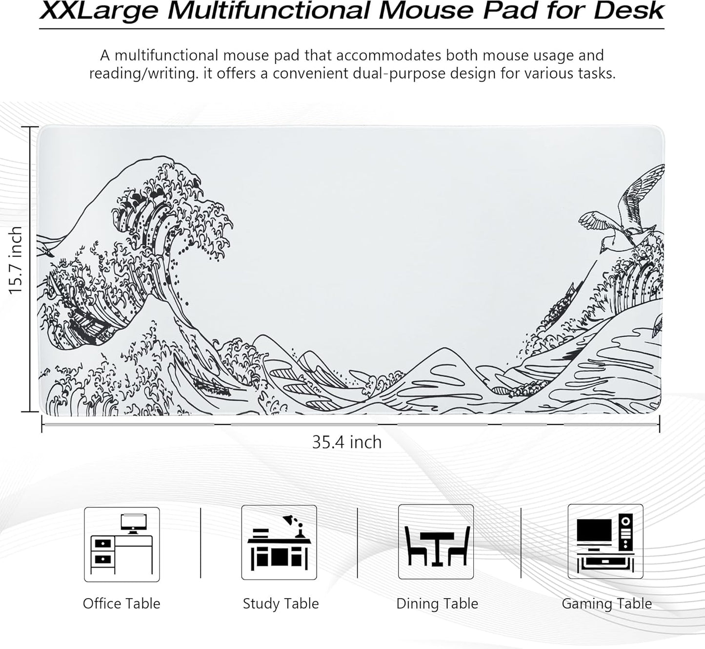 Large Gaming Mouse Pad for Desk,Kanagawa XXL Mouse Pad 35.4x15.7 Inch,Waterproof Desk Pad,Non-Slip Rubber Base Mice Pad,Keyboard Pad Computer Mat,White Mouse pad