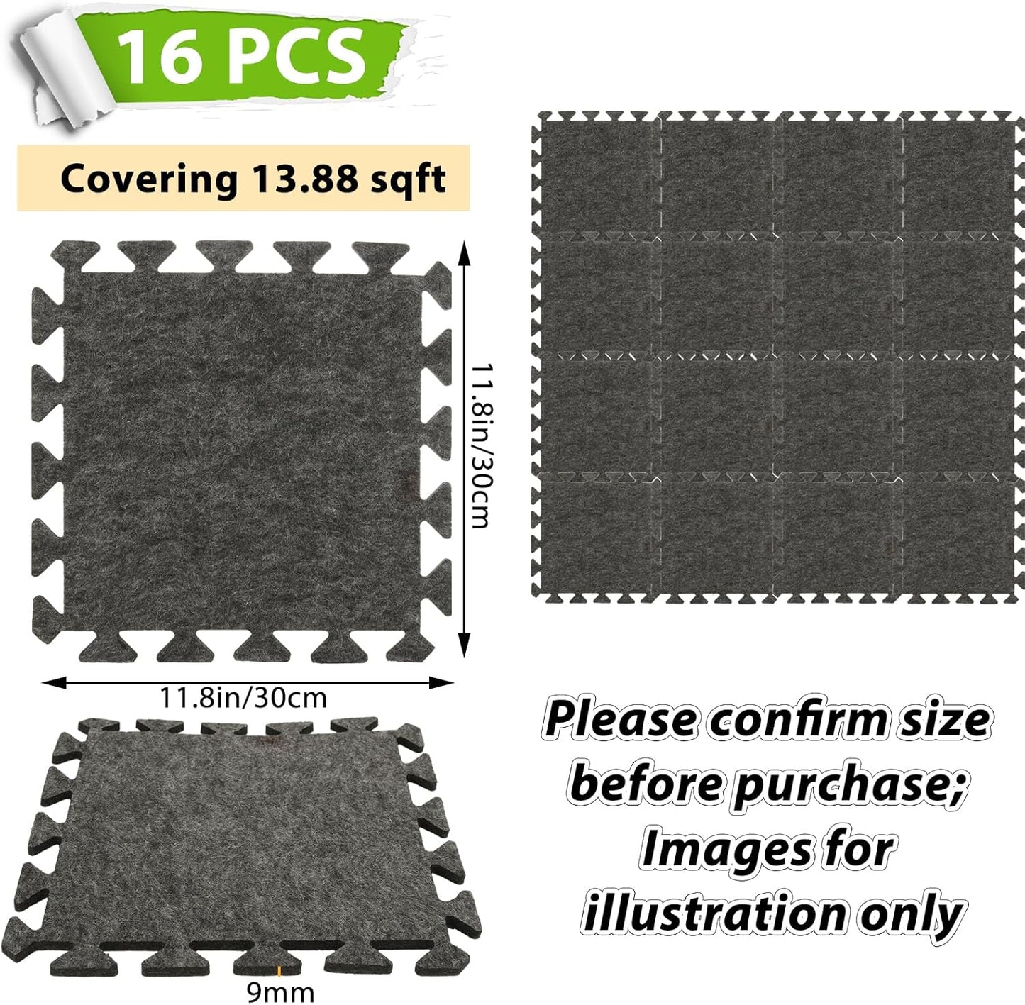 16 Pcs Sound Absorbing Interlocking Floor Mats, 11x 11 x 0.4 inches High Density Piano Carpet Drum Rug, Non-Slip Anti Vibration Soundproof Pads Acoustic Blankets for Music Studio