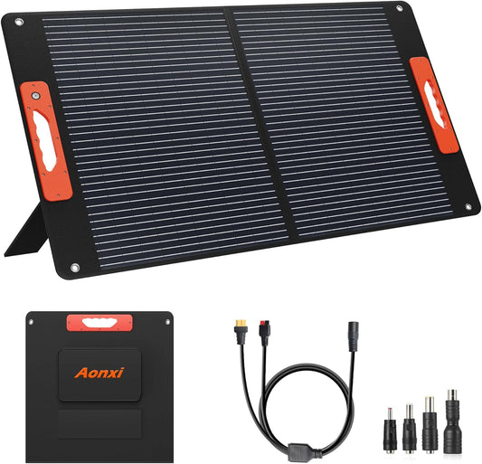 120W Portable Solar Panels for Power Station, Solar Angle Guide, Monocrystalline ETFE Foldable Solar Panel Charger with QC3.0 USB/Type-C, 20V DC Output Adjustable Kickstands for Camping RV Blackout