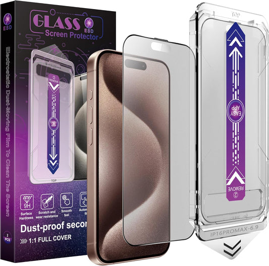 2 Pack Matte Screen Protector for iPhone 16 Pro Max, 9H Tempered Glass, Full Coverage, Anti-Fingerprint, Auto Dust-Elimination, No Bubble, Easy Installation
