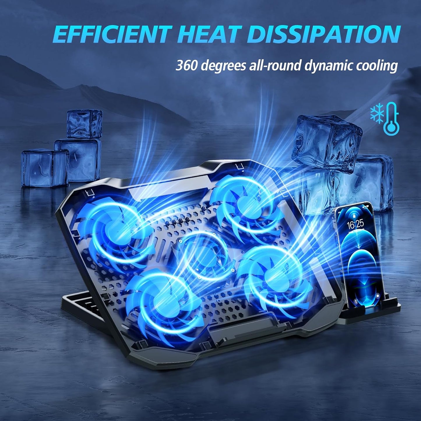 Laptop Cooling Pad,Gaming Laptop Cooler with 5 Quiet Fans for 12-15.6 Inch,Laptop Cooling Stand with 5 Height Adjustable,2 USB Ports, Phone Stand