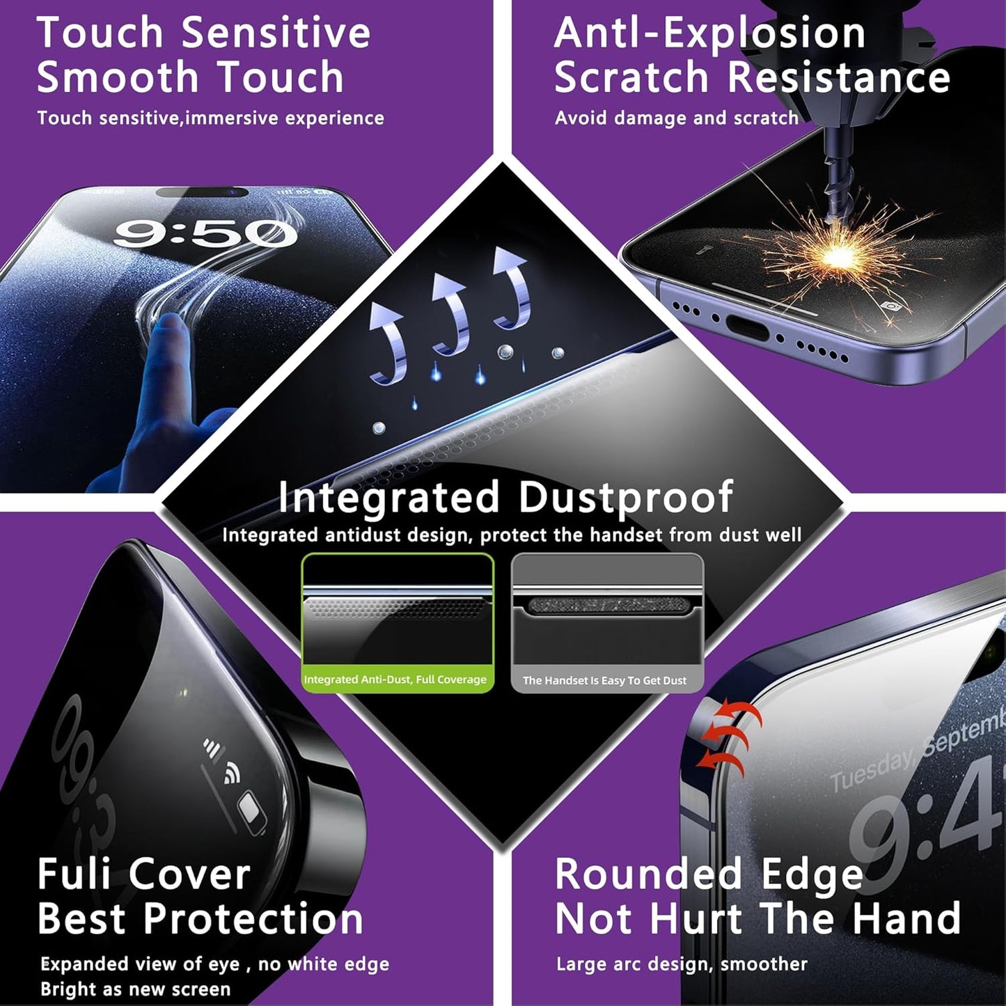 2 Pack Matte Privacy Screen Protector for iPhone 12 Pro/iPhone 12, 9H Tempered Glass, Full Coverage, Anti-Fingerprint, Auto Dust-Elimination, No Bubble, Easy Installation