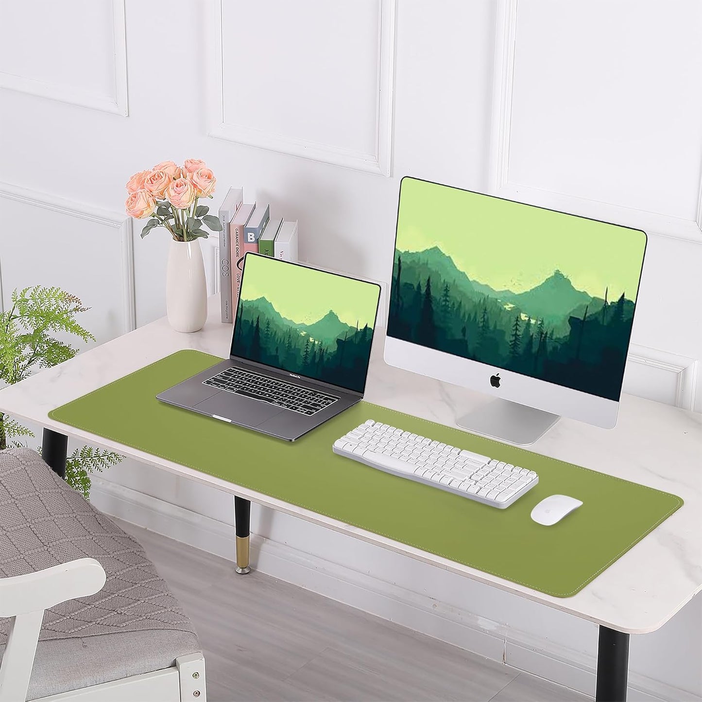 Leather Desk pad Protector, Large Desk mat with Natural Cork & PU Leather,Mouse pad,Non-Slip Office Desk Mat,Waterproof Desk Writing Pad for Office and Home (47in*23.7in, Olive Green)