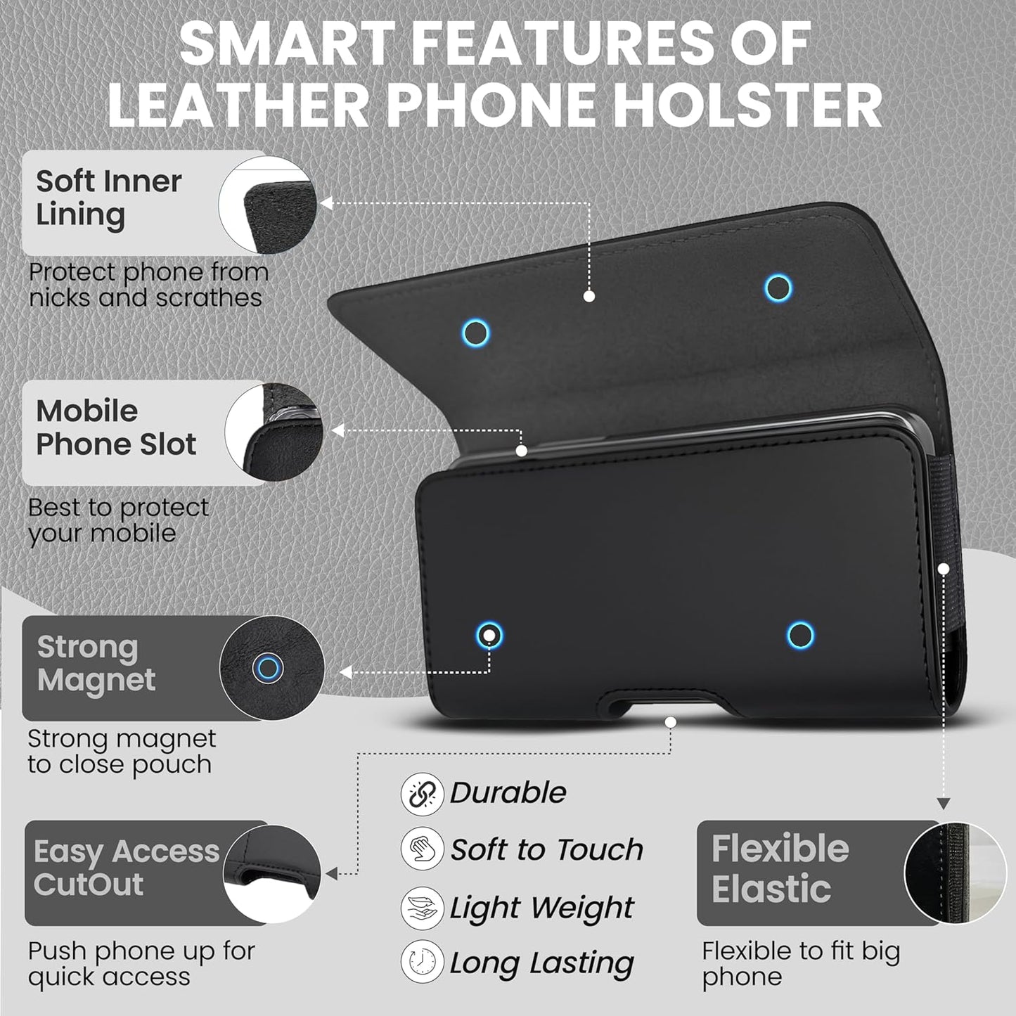 Leather Phone Holster for Men & Women, Horizontal Cell Phone Case, Fits iPhone 13/12 Mini, SE, Xs/X, 8, 6s - Belt Clip/Loop Carrying Phone Pouch Holder, Black Small