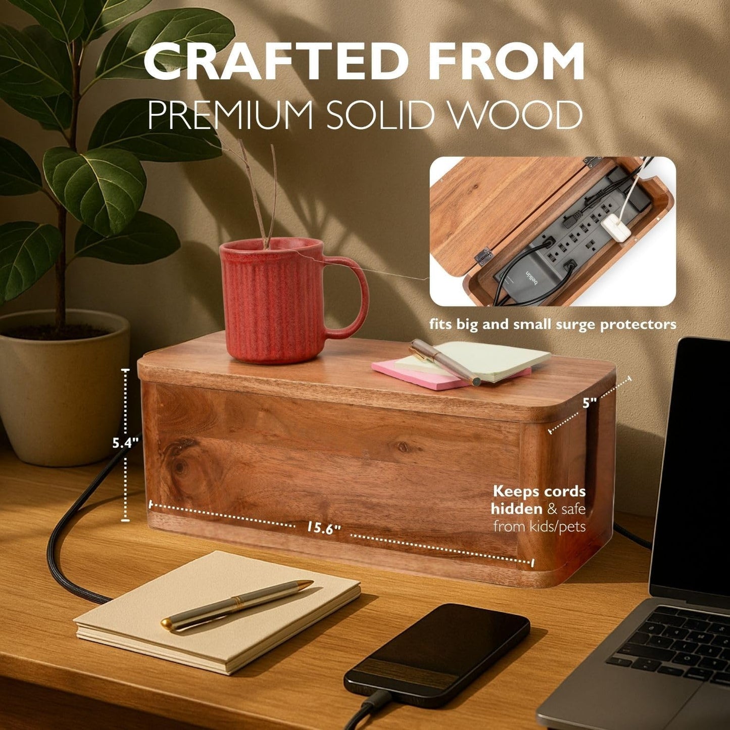 Large Cable Management Box - Acacia Wood - Cable Organizer Box and Power Strip Box for Electrical Cord Management - Hide Desk Cord and Floor Cables - Wire Storage and Organization for Cords