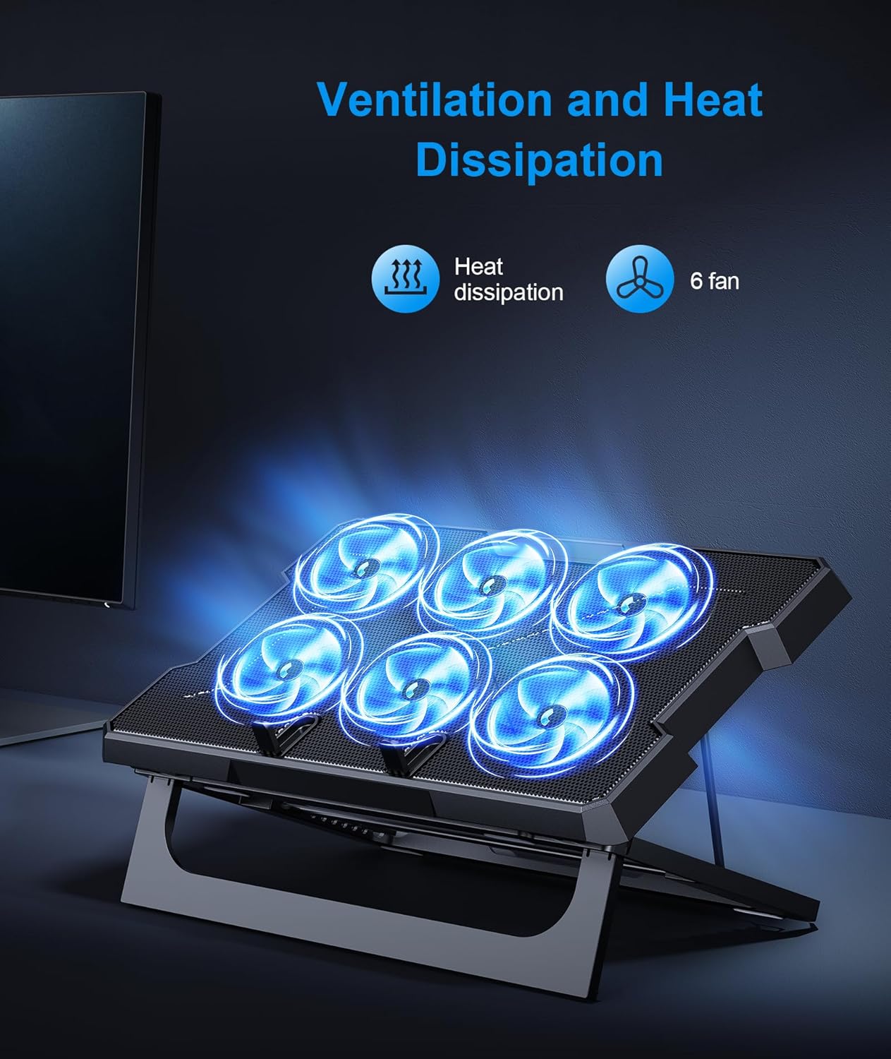 Laptop Cooling Pad, Laptop Cooler with 6 Quiet Fans Up to 17.3 Inch Heavy Notebook Cooler Stand, 8 Levels of Tilt, Two Levels of Height Adjustable (Black)